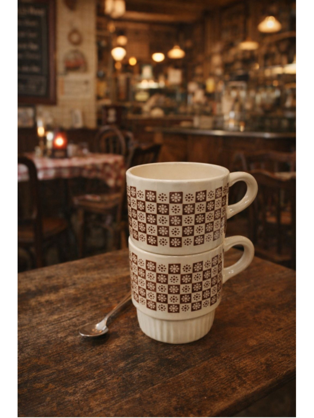 2 Vintage Café Pedestal Coffee Mugs — Brown Floral Checker — Set of 2 Retro Dine